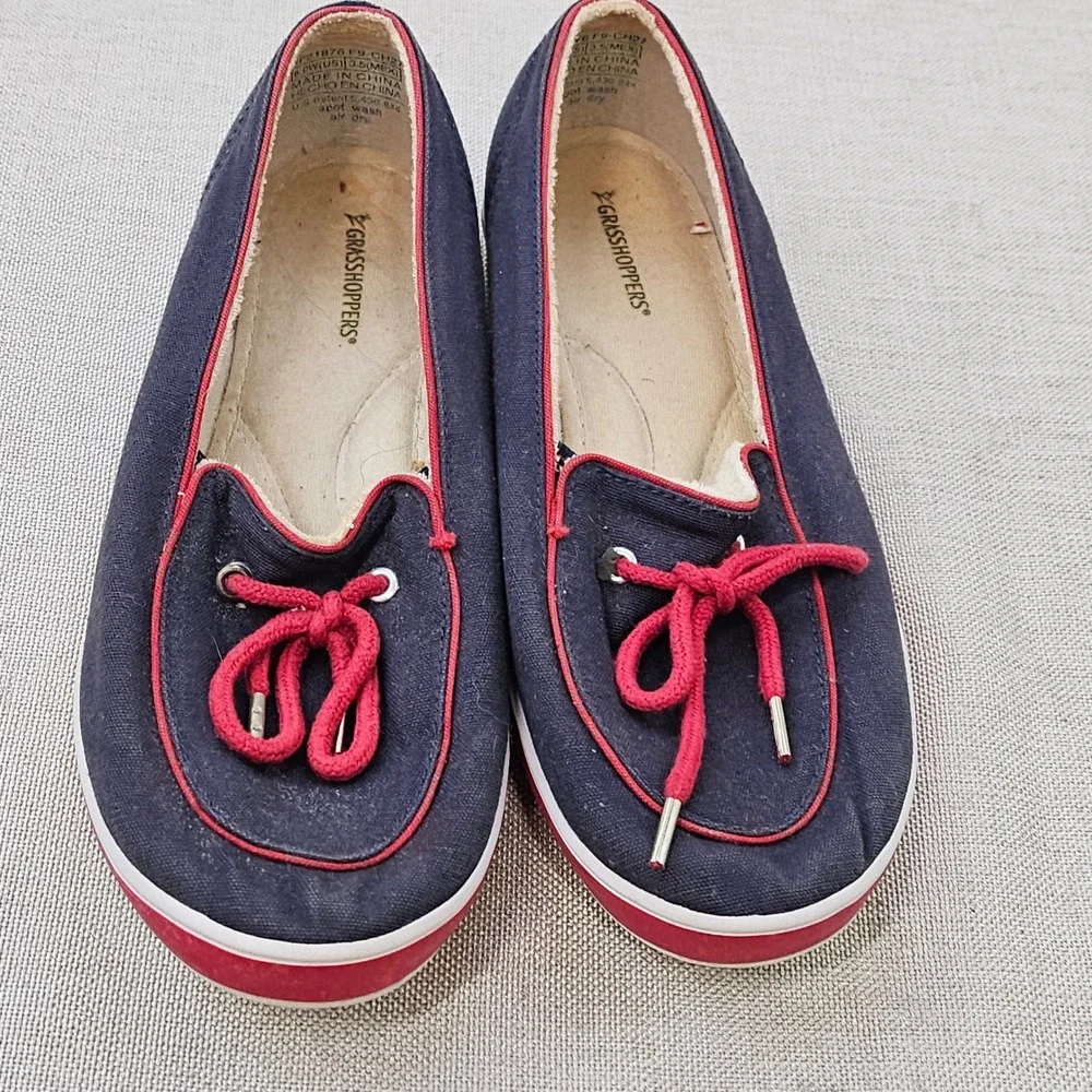 Grasshoppers Womens Navy Blue Canvas Boat Shoes Red Trim Loafers EF21876 Size 6W